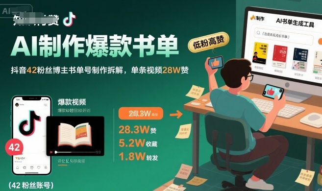 AI制作爆款书单，抖音42粉丝博主书单号制作拆解，单条视频28W赞-百盟网
