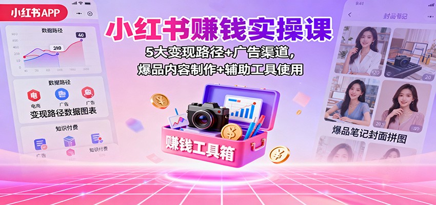 小红书赚钱实操课：5大变现路径+广告渠道，爆品内容制作+辅助工具使用-百盟网