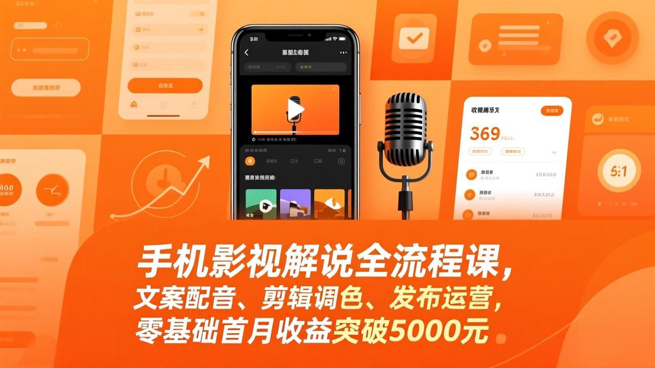 手机影视解说全流程课，文案配音、剪辑调色、发布运营，零基础首月收益突破5000元-百盟网