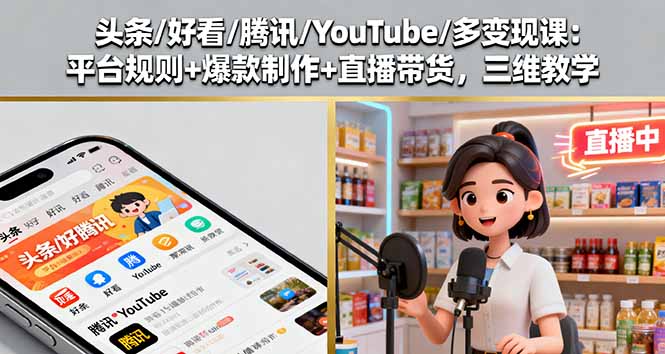 头条/好看/腾讯/YouTube/多变现课：平台规则+爆款制作+直播带货，三维教学-百盟网