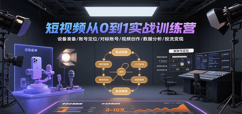 短视频从0到1实战训练营：设备准备/账号定位/对标账号/视频创作/数据分析/投流变现-百盟网