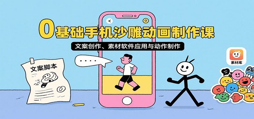 0基础手机沙雕动画制作课，文案创作、素材软件应用与动作制作-百盟网