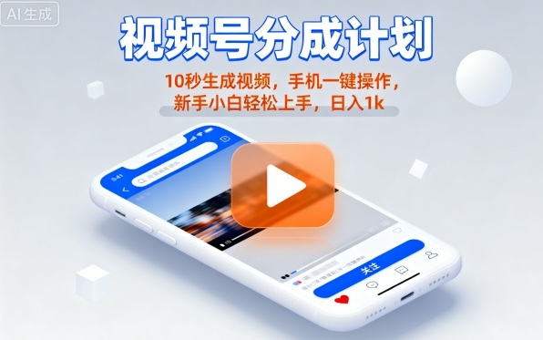 视频号分成计划懒人玩法，10秒生成视频，手机一键操作，新手小白轻松上手，日入1K【揭秘】-百盟网