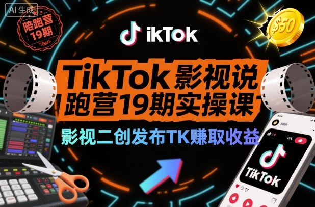 TikTok影视解说陪跑营19期实操课,影视二创发布TK賺取收益,万播收益50美金-百盟网