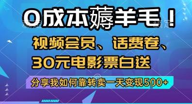 0成本薅羊毛!视频会员、话费卷、30元电影票白送，分享我如何靠转卖一天变现5张+【揭秘】-百盟网