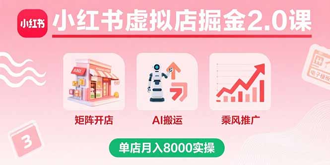 小红书虚拟店掘金2.0课，矩阵开店+AI搬运+乘风推广，单店月入8000实操-百盟网
