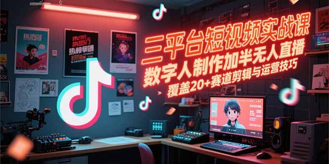 三平台短视频实战课，数字人制作加半无人直播，覆盖20+赛道剪辑与运营技巧-百盟网