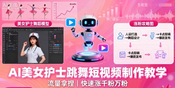 AI美女护士跳舞短视频制作教学，流量拿捏，快速涨千粉万粉【提示词+视频教程】-百盟网