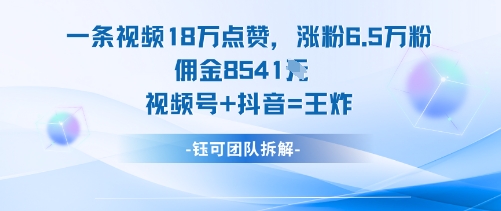 一条视频18W点赞，涨粉6.5W粉佣金8541米，视频号+抖音=王炸-百盟网