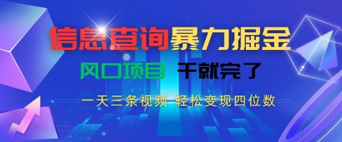 信息查询暴力掘金，一天三条视频，轻松变现四位数，风口项目干就完了【揭秘】-宝创网