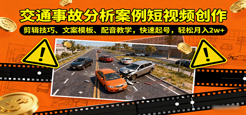 交通事故分析案例短视频创作，剪辑技巧、文案模板、配音教学，快速起号，轻松月入2w+-百盟网
