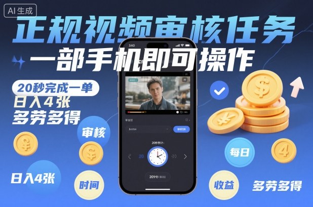 正规视频审核任务，一部手机即可操作，20秒完成一单，日入4张，多劳多得【揭秘】-百盟网