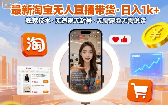 最新淘宝无人直播带货，日入1k+，独家技术，无违规无封号，无需露脸无需说话【揭秘】-百盟网