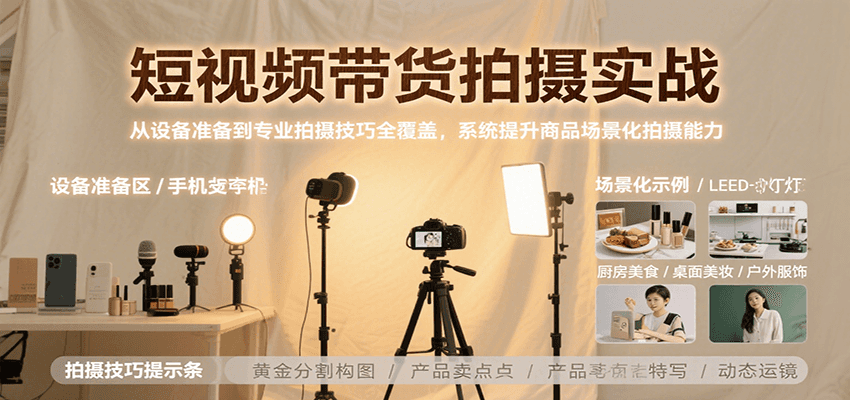 短视频带货拍摄实战，从设备准备到专业拍摄技巧全覆盖，系统提升商品场景化拍摄能力-百盟网