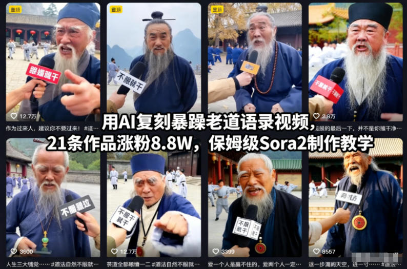 用AI复刻暴躁老道语录视频，21条作品涨粉8.8W，保姆级Sora2制作教学-百盟网