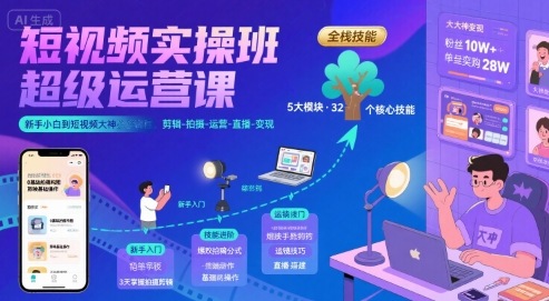 短视频实操班超级运营课，新手小白到短视频大神必修课程，剪辑-拍摄-运营-直播-变现-百盟网