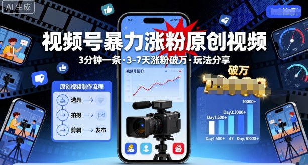 视频号暴力涨粉原创视频，3分钟一条原创视频，3-7天涨粉破万，玩法分享给你-百盟网