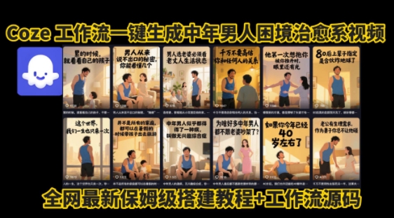 coze工作流一键生成”中年男人困境扎心高涨粉高播放量图文视频”保姆级拆解教程，无需剪辑，无需拍摄写文案-云创网