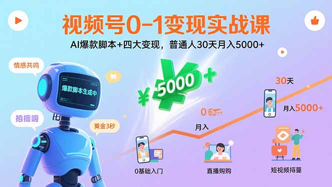 视频号0-1变现实战课：AI爆款脚本+四大变现，普通人30天月入5000+-百盟网